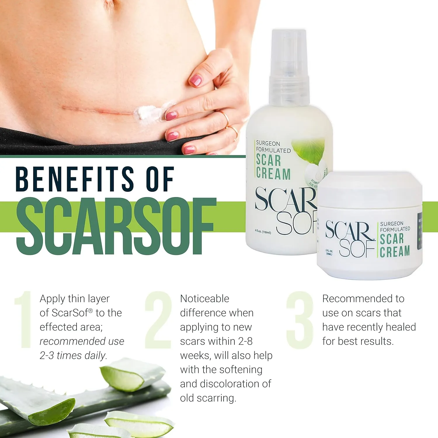 ScarSof Scar Cream - Advanced Scar Cream Made with 100% Organic Aloe Vera and All Natural Emu Oil - Helps Scar Appearance and Overall Skin Health - 2 oz