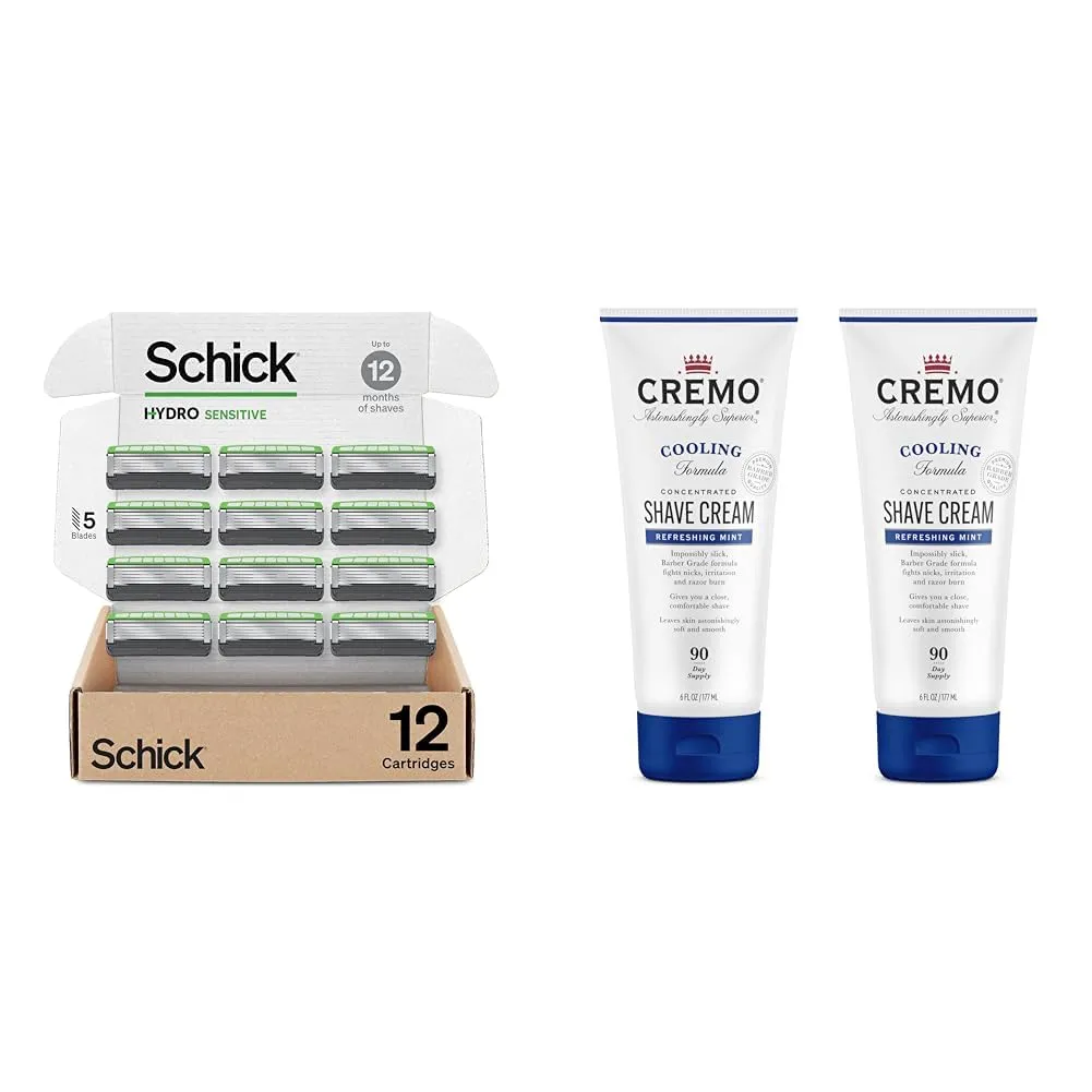 Schick Hydro Sensitive 12 Count Razor Refills and Cremo Cooling Shave Cream 2 Pack