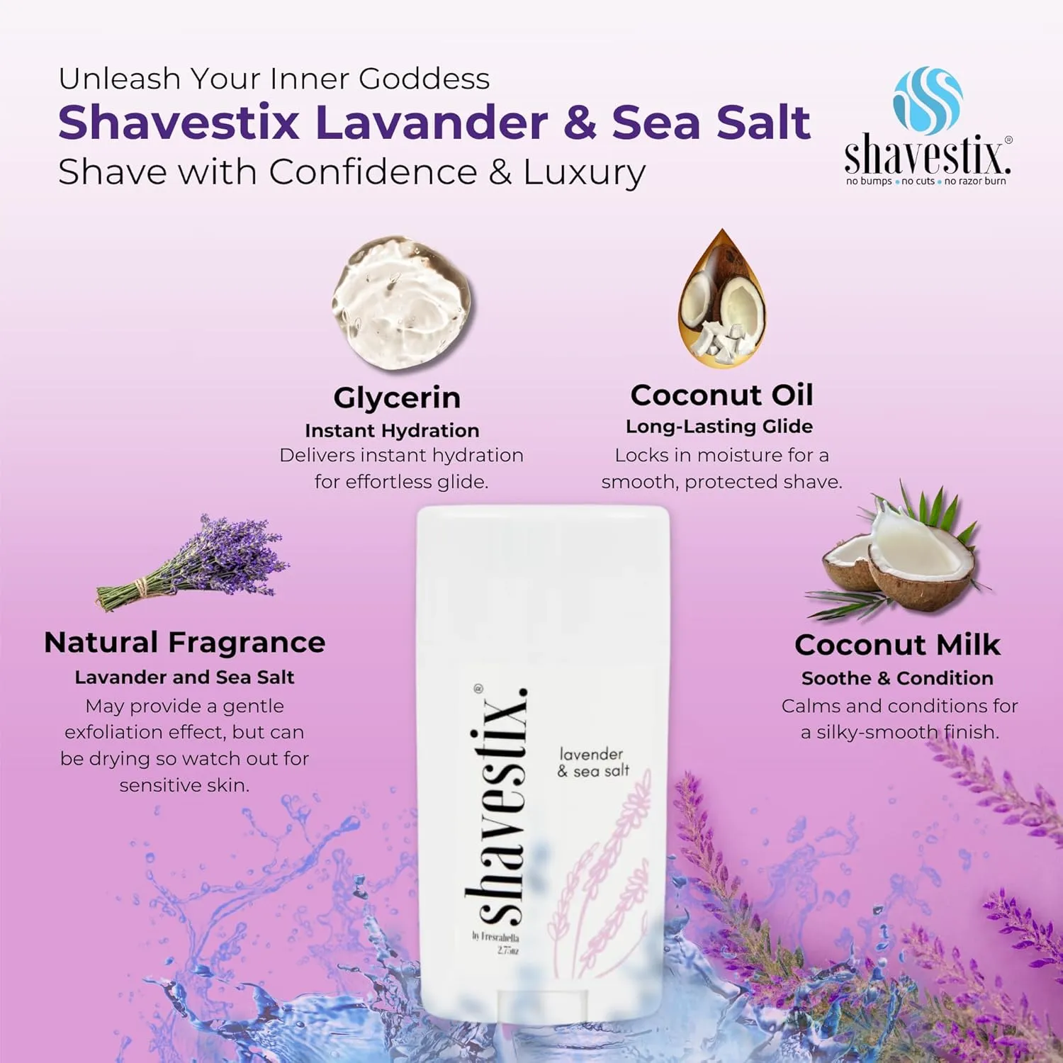 Shavestix Ultra Moisturizing Travel Size Body Shave Stick 2.75 Oz | Lavender & Sea Salt Scented Shaver Friendly Hair Removal Cream Bar Sub Shave Gel, Shaving Cream For Women| Avert Razor Bumps, Burn