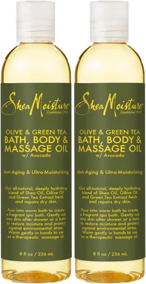 SheaMoisture Olive & Green Tea Bath, Body & Massage Oil 2-Pack – Avocado Oil, Anti-Aging & Ultra-Moisturizing for Dry Skin, 8 Oz Ea