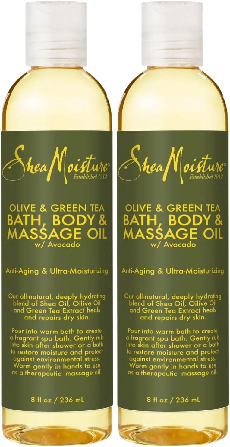 SheaMoisture Olive & Green Tea Bath, Body & Massage Oil 2-Pack – Avocado Oil, Anti-Aging & Ultra-Moisturizing for Dry Skin, 8 Oz Ea