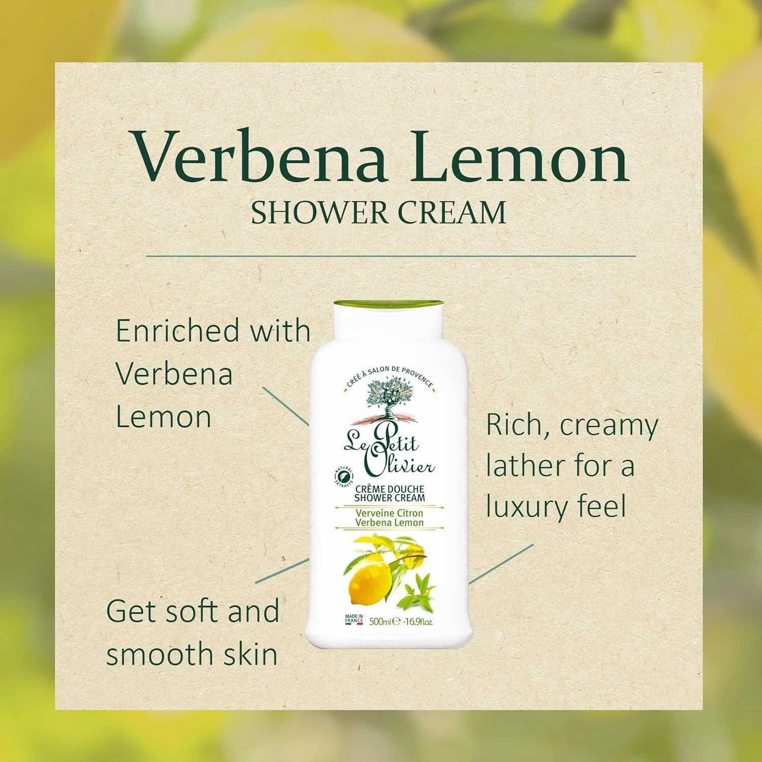 Shower Cream - Verbena Lemon - Gently Cleanses Skin - Fresh and Moisturizing - pH Neutral - Dermatologically Tested - Free Of Soap and Dyes - 16.9 Oz