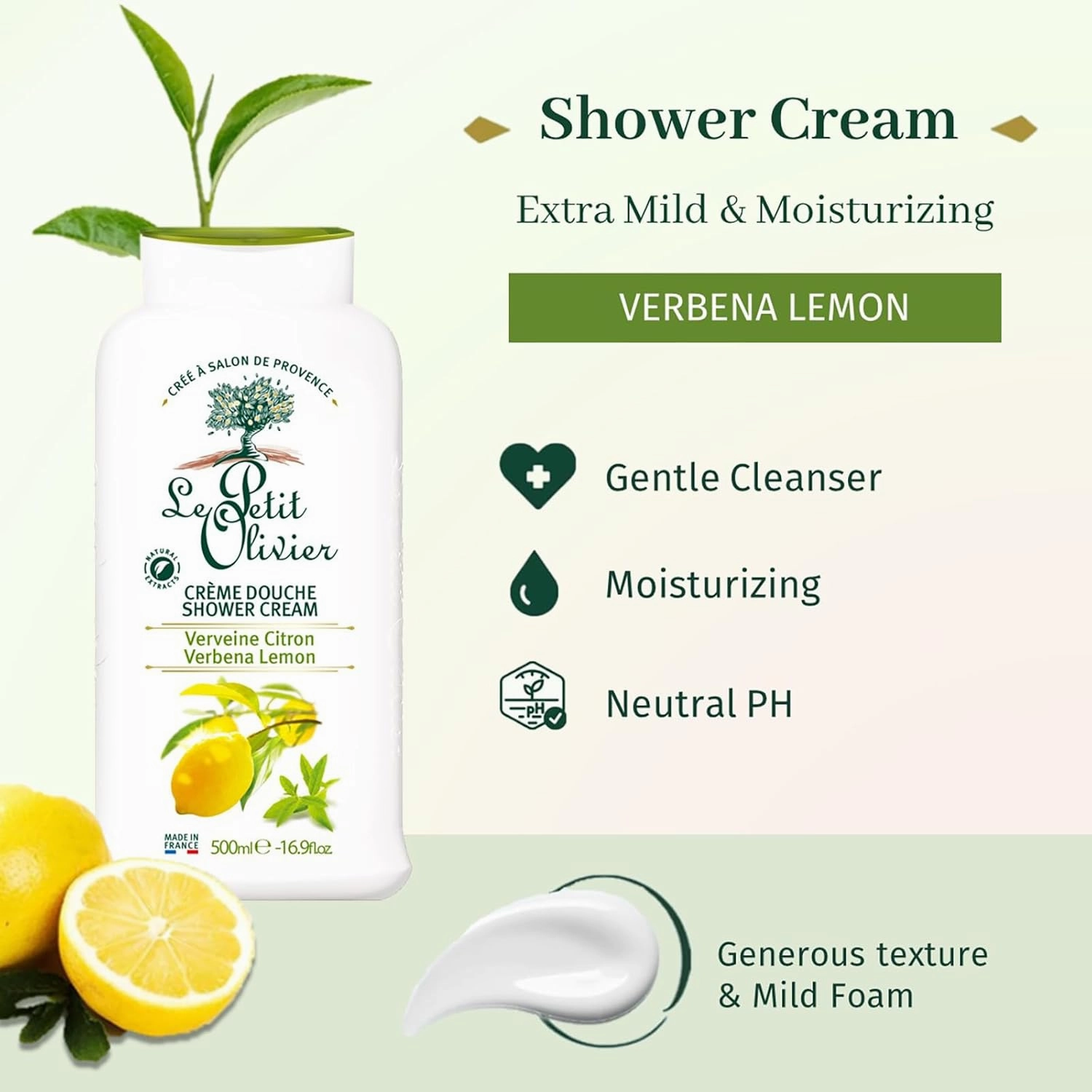 Shower Cream - Verbena Lemon - Gently Cleanses Skin - Fresh and Moisturizing - pH Neutral - Dermatologically Tested - Free Of Soap and Dyes - 16.9 Oz
