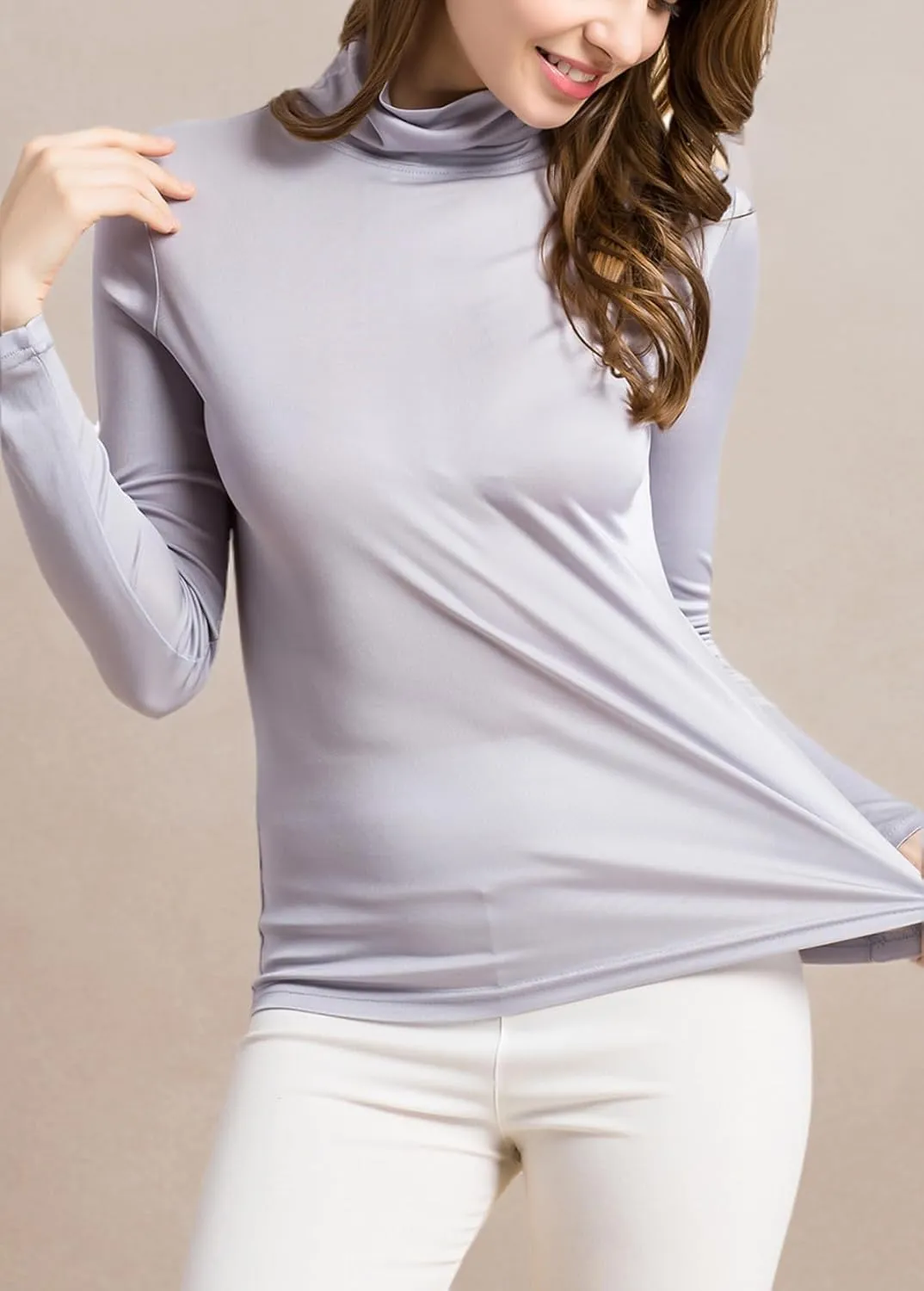 Silk Tops Turtleneck Long Sleeve Silk T Shirt Ultra Soft Thermal Layer Tops Slim High Neck Blouse