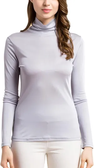 Silk Tops Turtleneck Long Sleeve Silk T Shirt Ultra Soft Thermal Layer Tops Slim High Neck Blouse