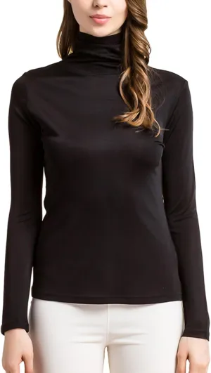 Silk Tops Turtleneck Long Sleeve Silk T Shirt Ultra Soft Thermal Layer Tops Slim High Neck Blouse