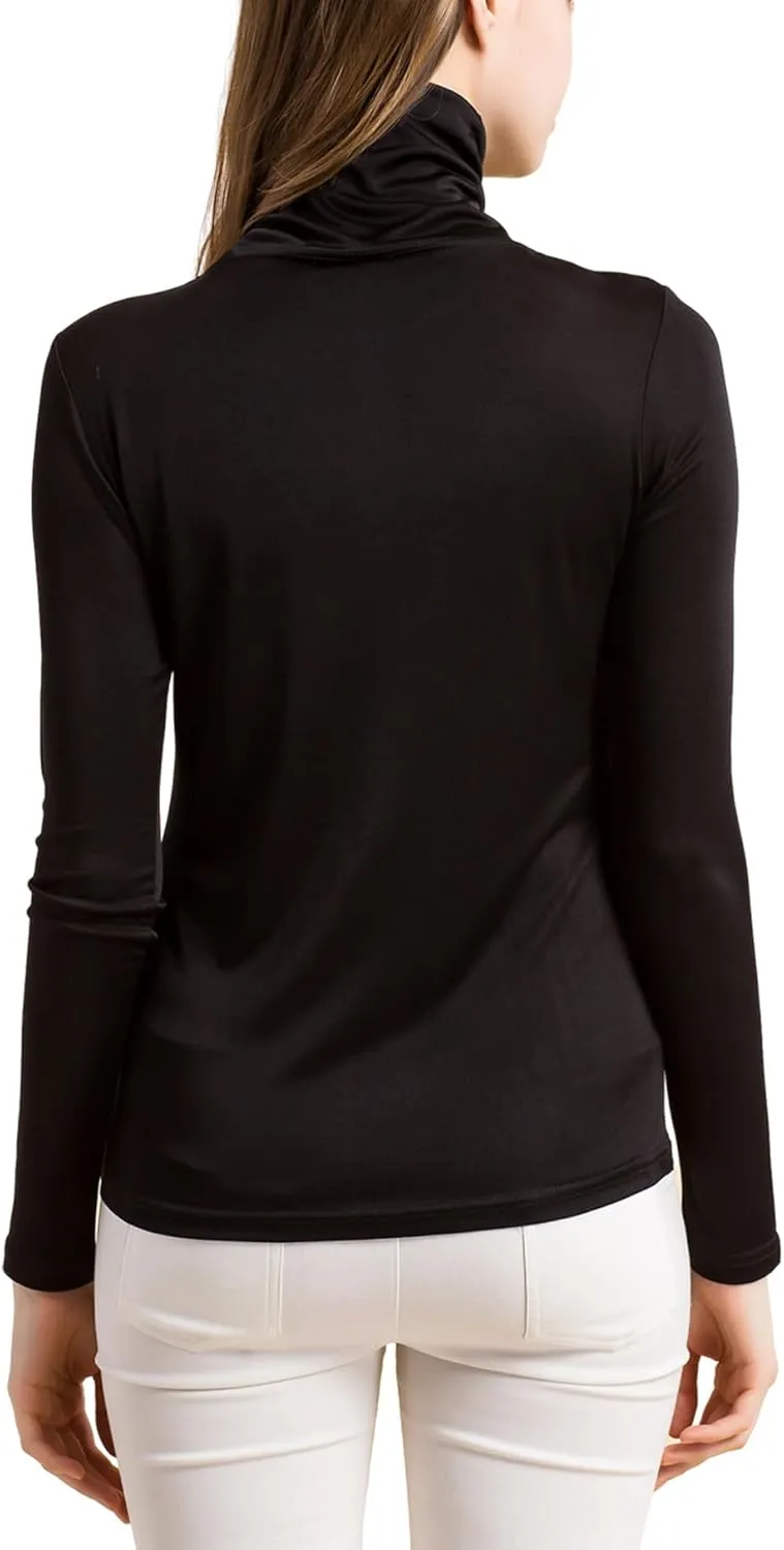 Silk Tops Turtleneck Long Sleeve Silk T Shirt Ultra Soft Thermal Layer Tops Slim High Neck Blouse