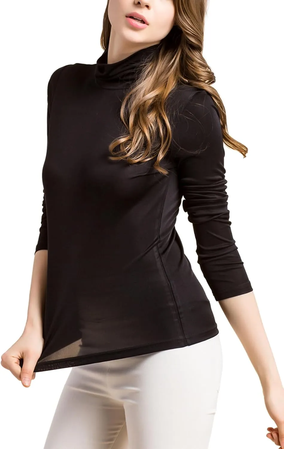 Silk Tops Turtleneck Long Sleeve Silk T Shirt Ultra Soft Thermal Layer Tops Slim High Neck Blouse