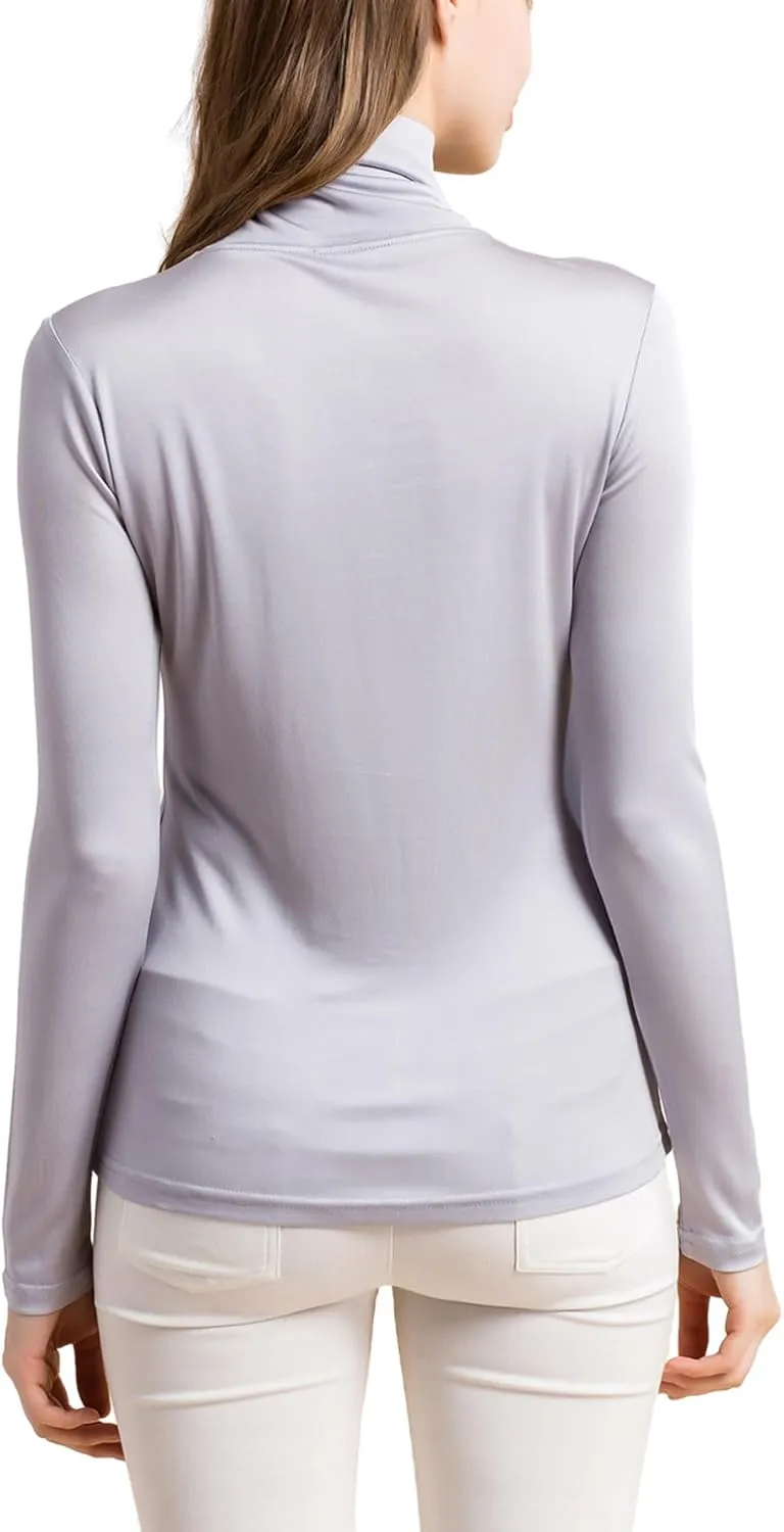 Silk Tops Turtleneck Long Sleeve Silk T Shirt Ultra Soft Thermal Layer Tops Slim High Neck Blouse
