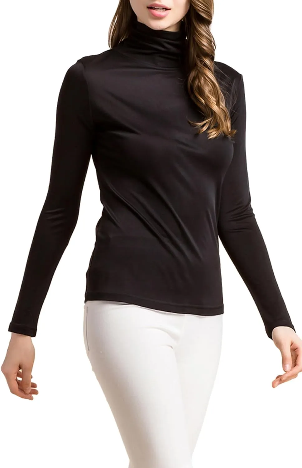 Silk Tops Turtleneck Long Sleeve Silk T Shirt Ultra Soft Thermal Layer Tops Slim High Neck Blouse