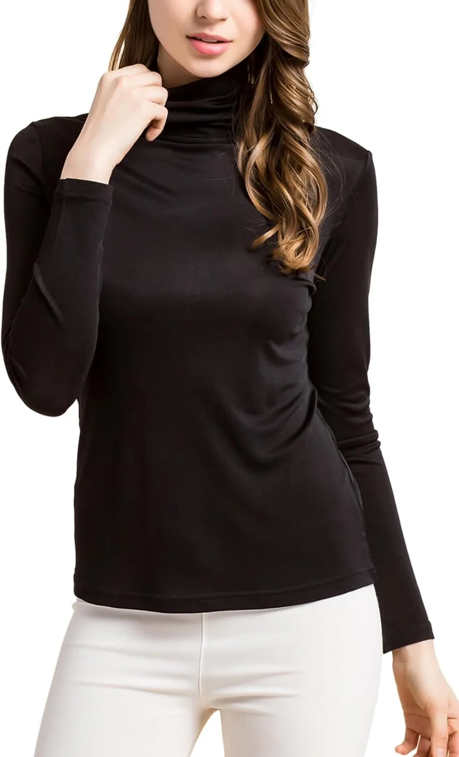 Silk Tops Turtleneck Long Sleeve Silk T Shirt Ultra Soft Thermal Layer Tops Slim High Neck Blouse