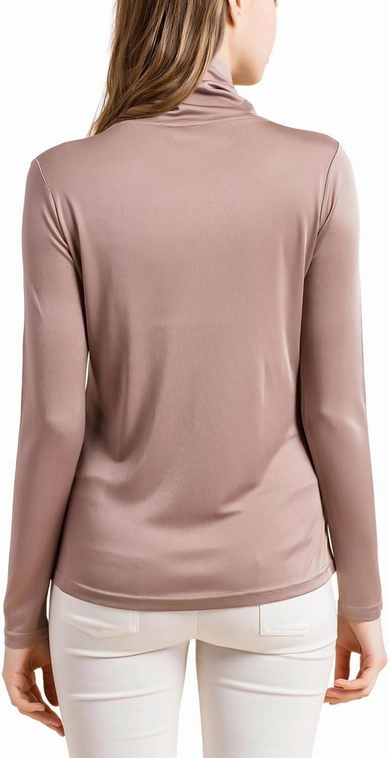 Silk Tops Turtleneck Long Sleeve Silk T Shirt Ultra Soft Thermal Layer Tops Slim High Neck Blouse