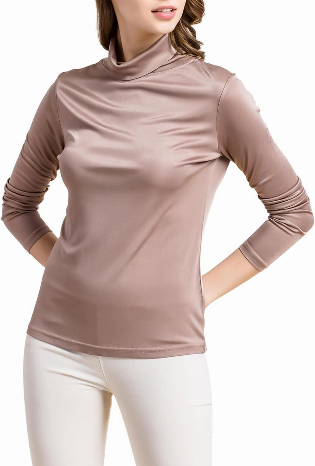 Silk Tops Turtleneck Long Sleeve Silk T Shirt Ultra Soft Thermal Layer Tops Slim High Neck Blouse