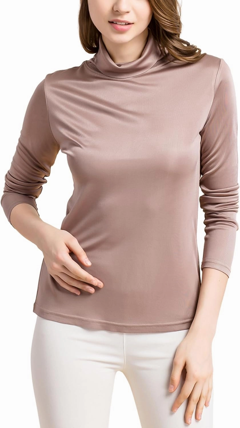 Silk Tops Turtleneck Long Sleeve Silk T Shirt Ultra Soft Thermal Layer Tops Slim High Neck Blouse