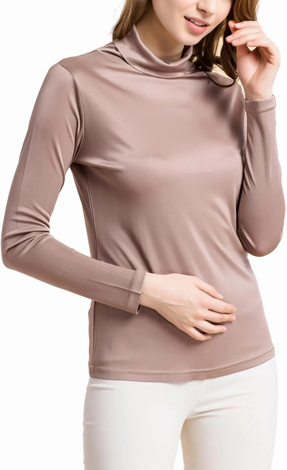 Silk Tops Turtleneck Long Sleeve Silk T Shirt Ultra Soft Thermal Layer Tops Slim High Neck Blouse