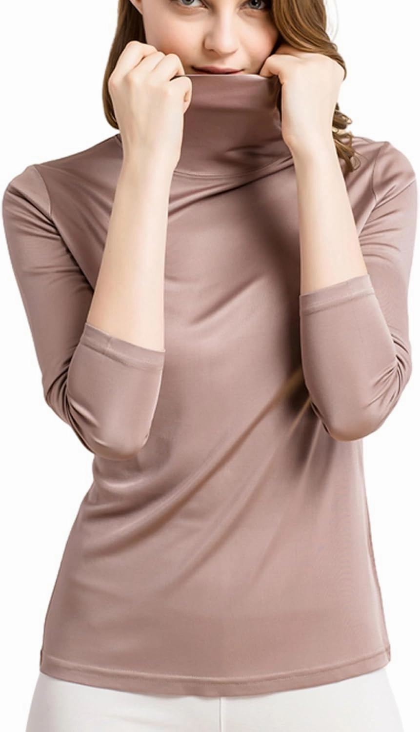 Silk Tops Turtleneck Long Sleeve Silk T Shirt Ultra Soft Thermal Layer Tops Slim High Neck Blouse