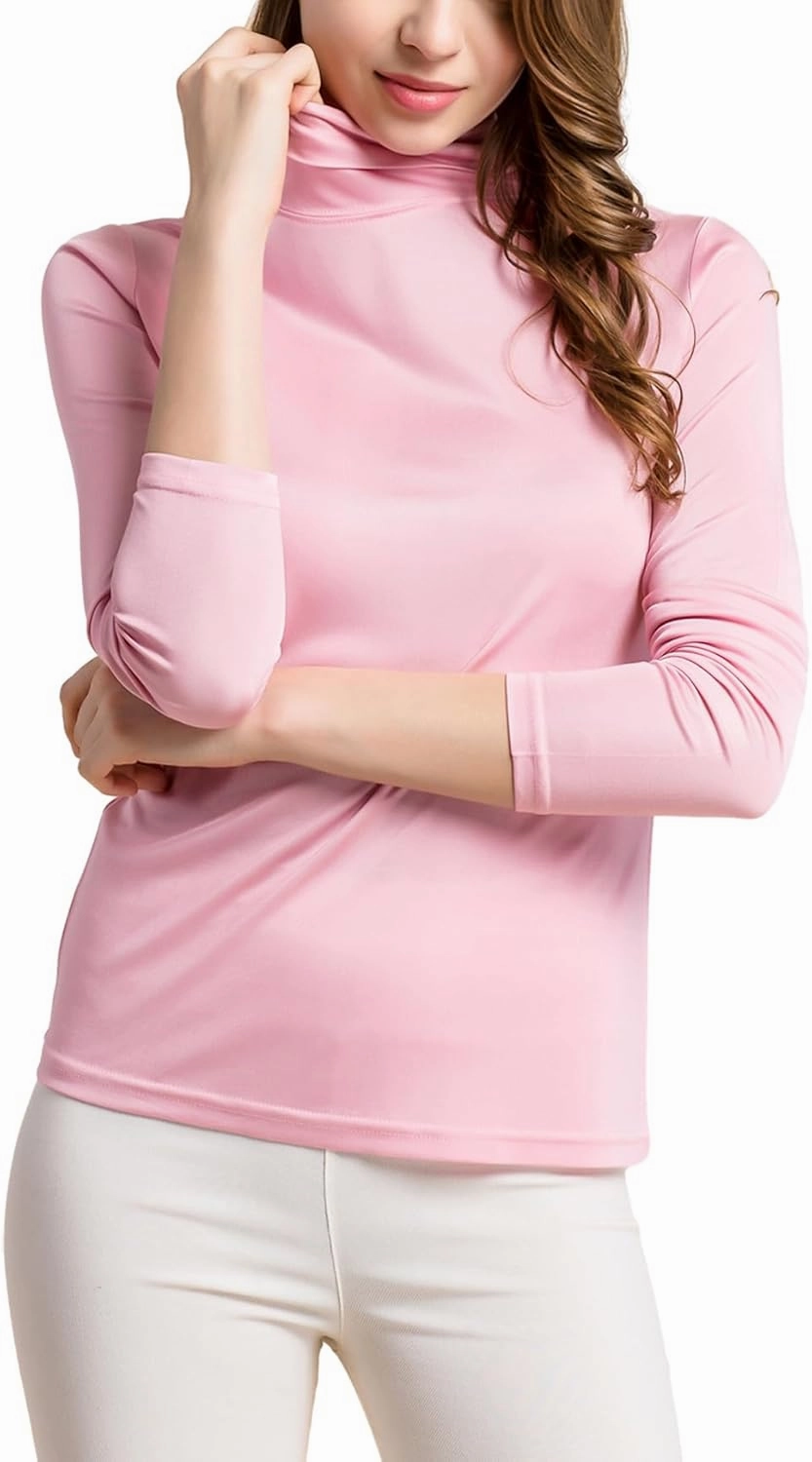 Silk Tops Turtleneck Long Sleeve Silk T Shirt Ultra Soft Thermal Layer Tops Slim High Neck Blouse