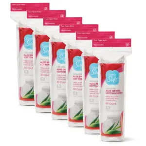 Simply Soft Aloe Infused Premium Cotton Rounds, 80 count (Pack of 6), Hydrating Aloe Vera, 100% Pure cotton, absorbent cotton pads, Moisturizes and soothes sensitive skin, Hypoallergenic
