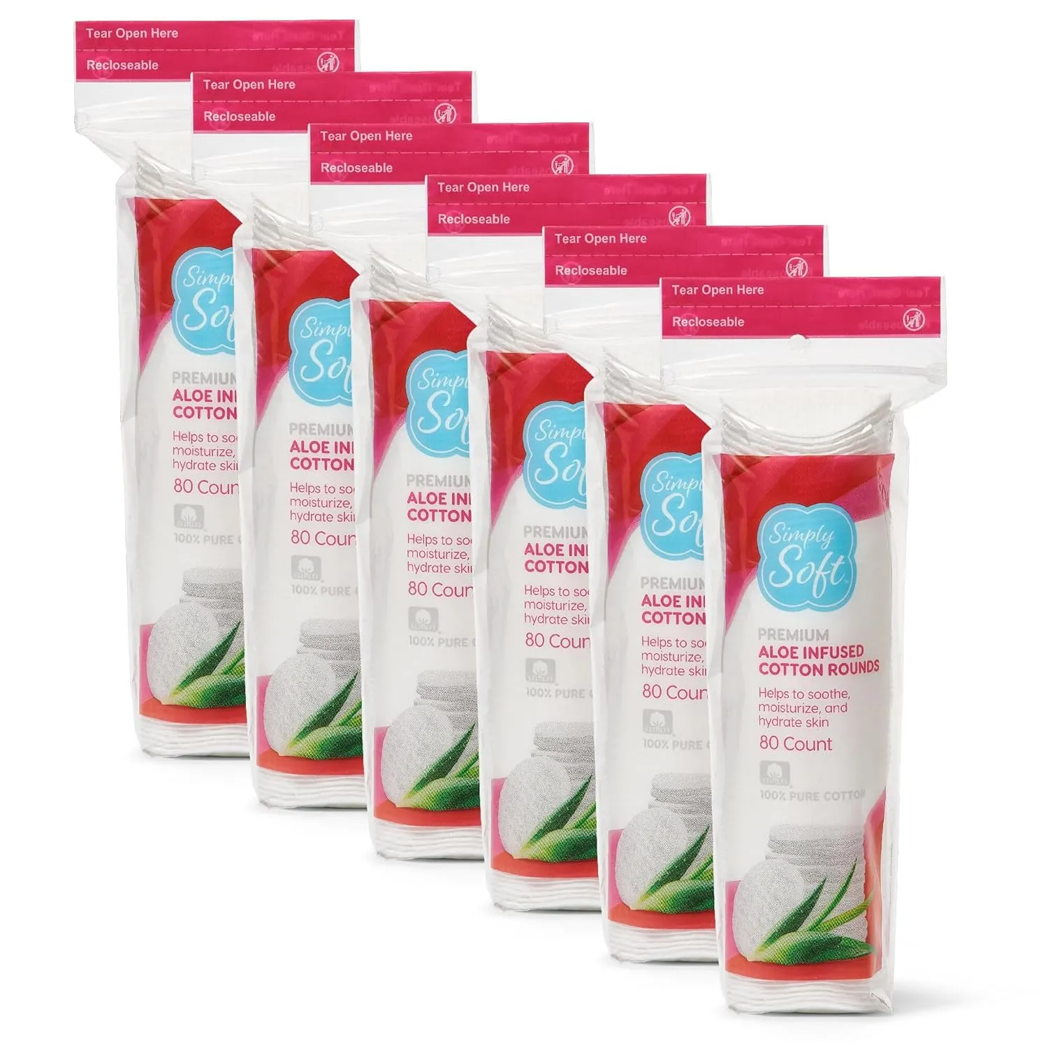 Simply Soft Aloe Infused Premium Cotton Rounds, 80 count (Pack of 6), Hydrating Aloe Vera, 100% Pure cotton, absorbent cotton pads, Moisturizes and soothes sensitive skin, Hypoallergenic