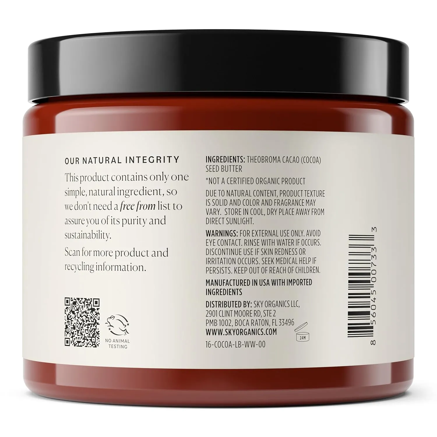 Sky Organics Cocoa Butter for Body, 100% Raw & Unrefined Ultra-Moisturizing Butter to Deeply Hydrate & Condition Skin, Promotes Smooth Skin Tone & Texture, Suitable for Tight or Extra Dry Skin, 16 Oz.