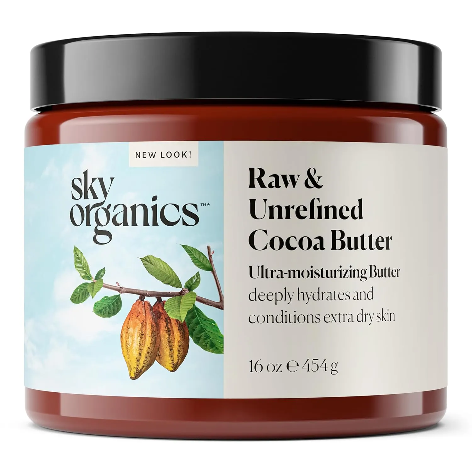 Sky Organics Cocoa Butter for Body, 100% Raw & Unrefined Ultra-Moisturizing Butter to Deeply Hydrate & Condition Skin, Promotes Smooth Skin Tone & Texture, Suitable for Tight or Extra Dry Skin, 16 Oz.