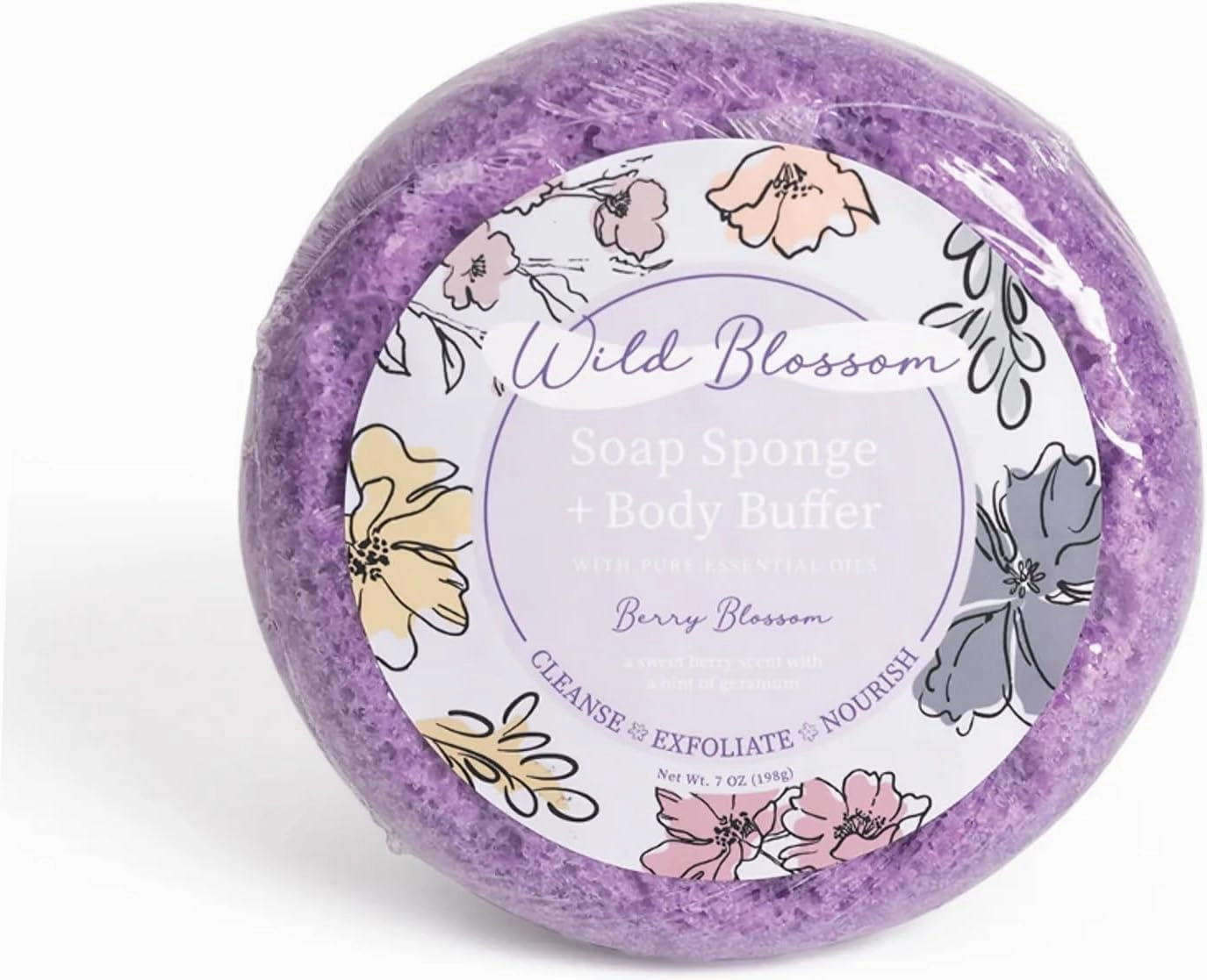 Soap Sponge and Exfoliating Body Buffer, 7 Ounce Scrub with Shea Butter and Essential Oils, Berry Blossom