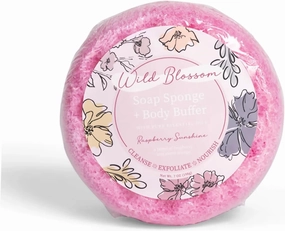 Soap Sponge and Exfoliating Body Buffer, 7 Ounce Scrub with Shea Butter and Essential Oils, Raspberry Sunshine