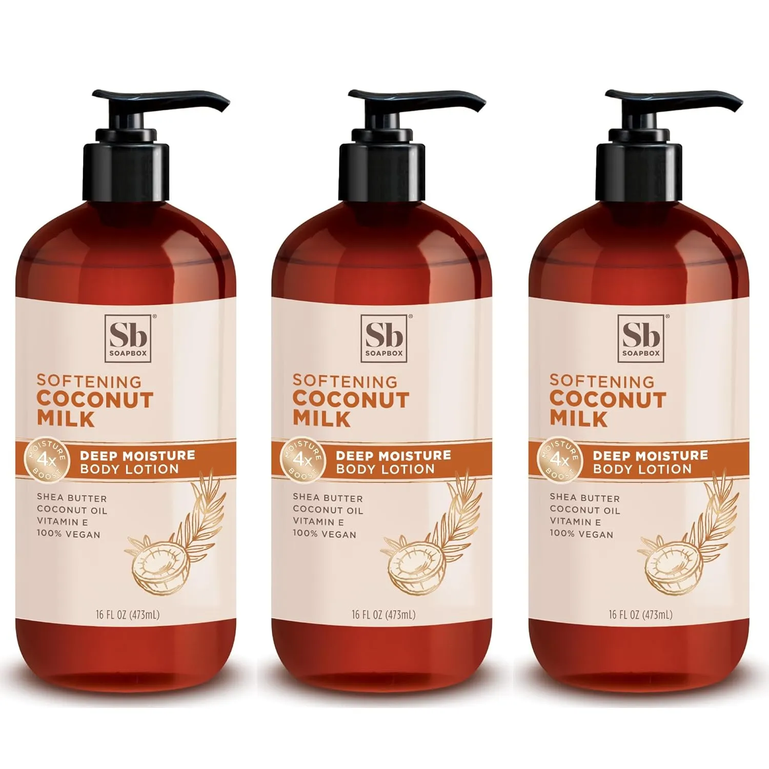 Soapbox Moisturizing Body Lotion, Coconut Milk & Sandalwood with Aloe and Shea Butter, Pack of 3 Hand Lotion Bottles, Vegan Skin Care Products, Moisturizer for Dry Skin, 3 Pack, 16oz Each