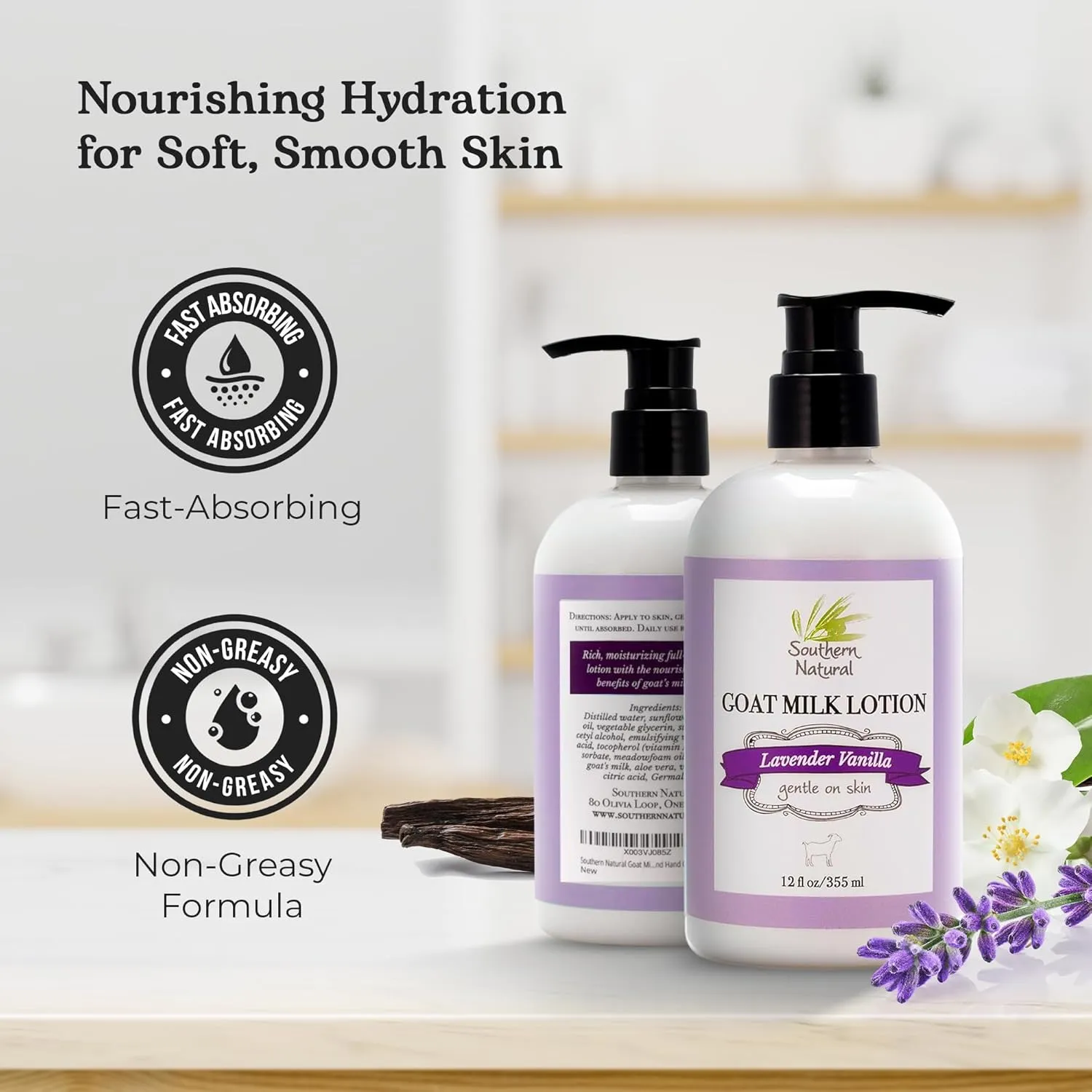Southern Natural Goat Milk Lotion – Nourishing Face, Body & Hand Moisturizer for Dry & Sensitive Skin - Hydrating Cream, Gentle Skincare for Soft & Smooth Feel - Lavender Vanilla Scent - 12oz
