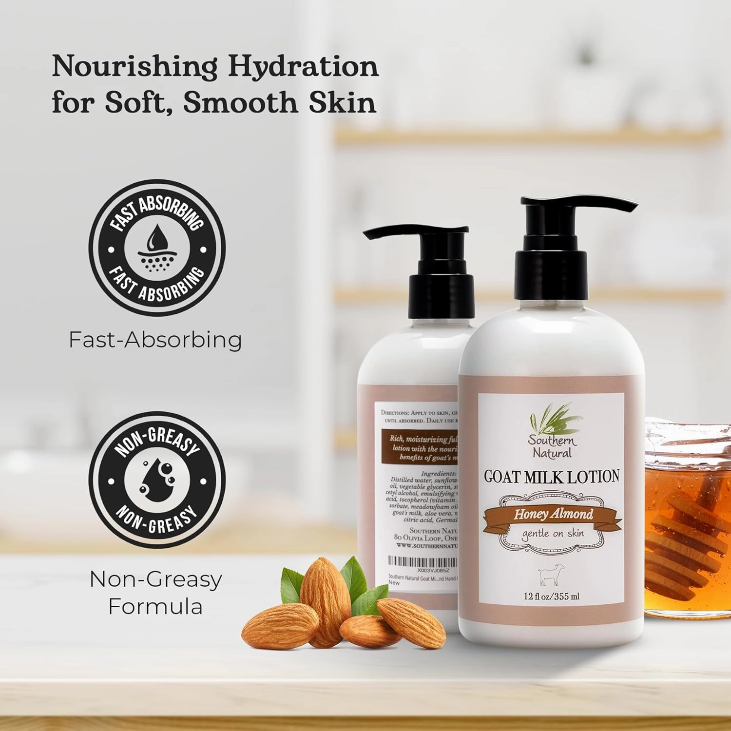 Southern Natural Goat Milk Lotion – Nourishing Face, Body & Hand Moisturizer for Dry & Sensitive Skin - Hydrating Cream, Gentle Skincare for Soft & Smooth Feel - Honey Almond Scent - 12oz