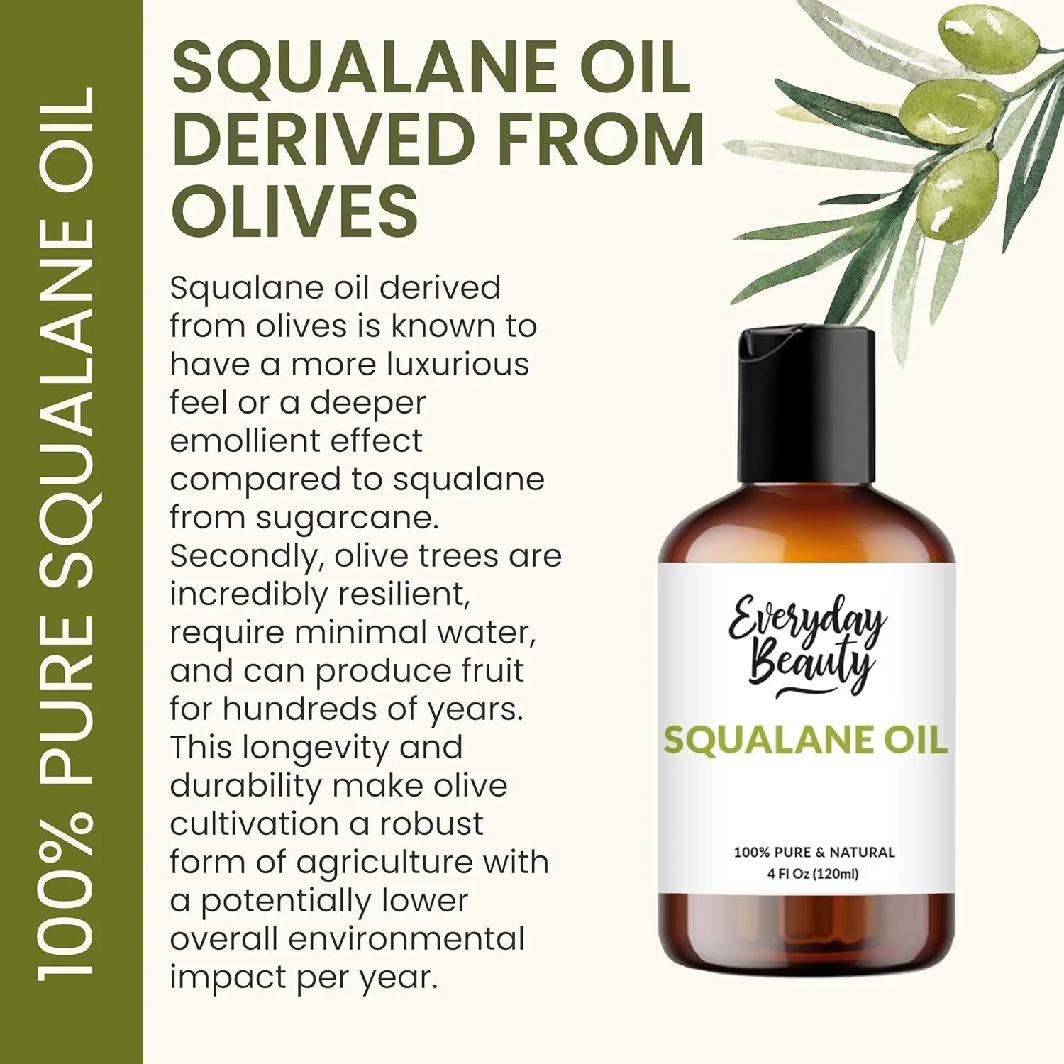 Squalane Oil - 100% Pure & Natural Plant Derived Facial Oil 4 Fl Oz - Cold Pressed and Unrefined Premium Grade Multipurpose Moisturizing Oil For Skin and Hair