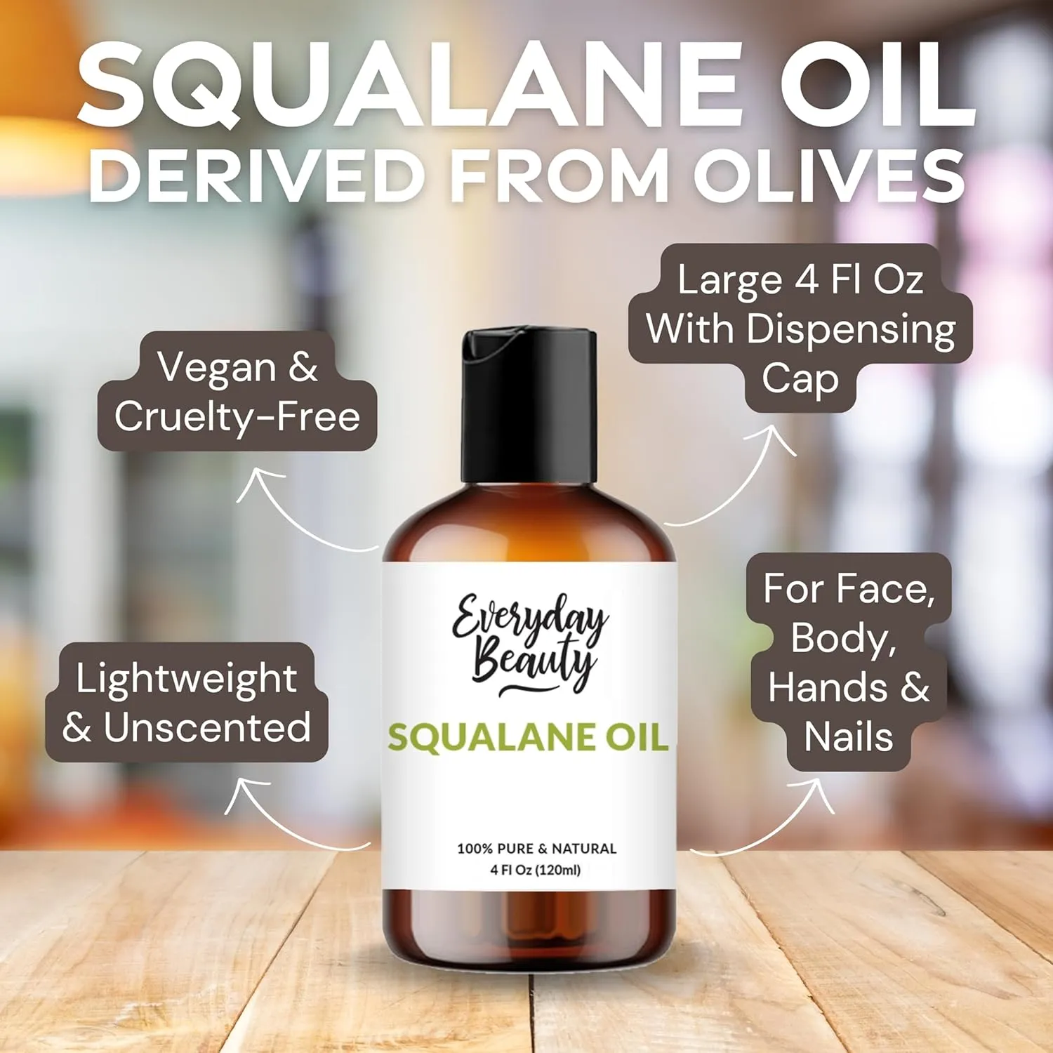 Squalane Oil - 100% Pure & Natural Plant Derived Facial Oil 4 Fl Oz - Cold Pressed and Unrefined Premium Grade Multipurpose Moisturizing Oil For Skin and Hair