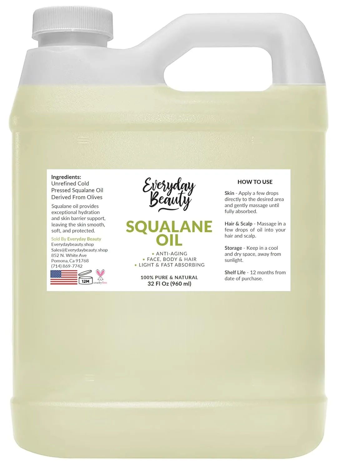 Squalane Oil Bulk- 32 oz 100% Pure & Natural Plant Derived Facial Oil - Cold Pressed and Unrefined Premium Grade Multipurpose Moisturizing Oil For Skin and Hair