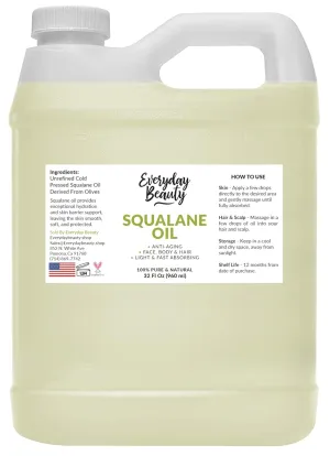 Squalane Oil Bulk- 32 oz 100% Pure & Natural Plant Derived Facial Oil - Cold Pressed and Unrefined Premium Grade Multipurpose Moisturizing Oil For Skin and Hair