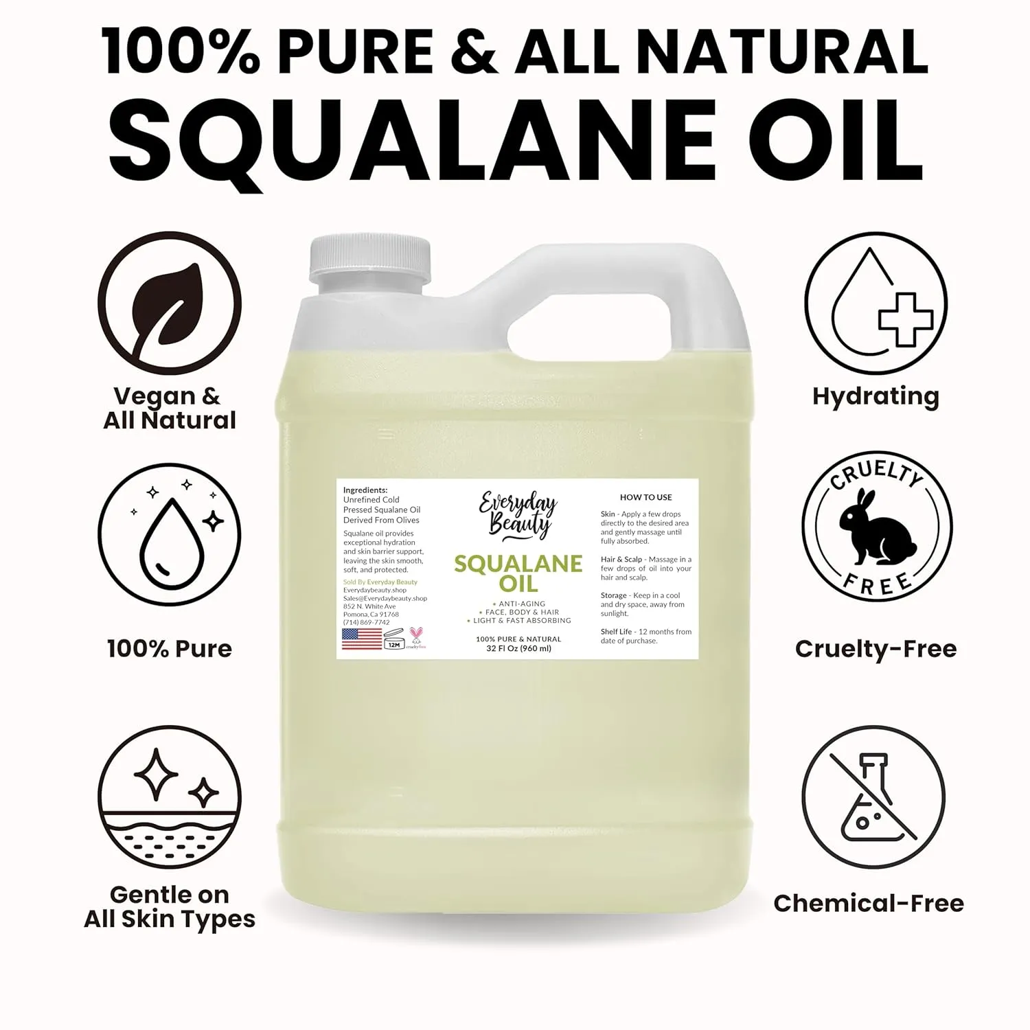 Squalane Oil Bulk- 32 oz 100% Pure & Natural Plant Derived Facial Oil - Cold Pressed and Unrefined Premium Grade Multipurpose Moisturizing Oil For Skin and Hair