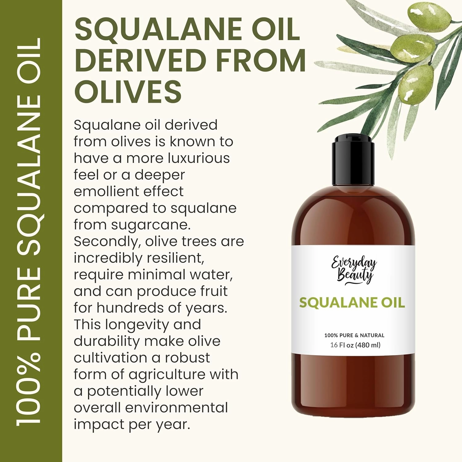 Squalane Oil - 100% Pure & Natural Plant Derived Facial Oil 16oz Bulk - Cold Pressed and Unrefined Premium Grade Multipurpose Moisturizing Oil For Skin and Hair