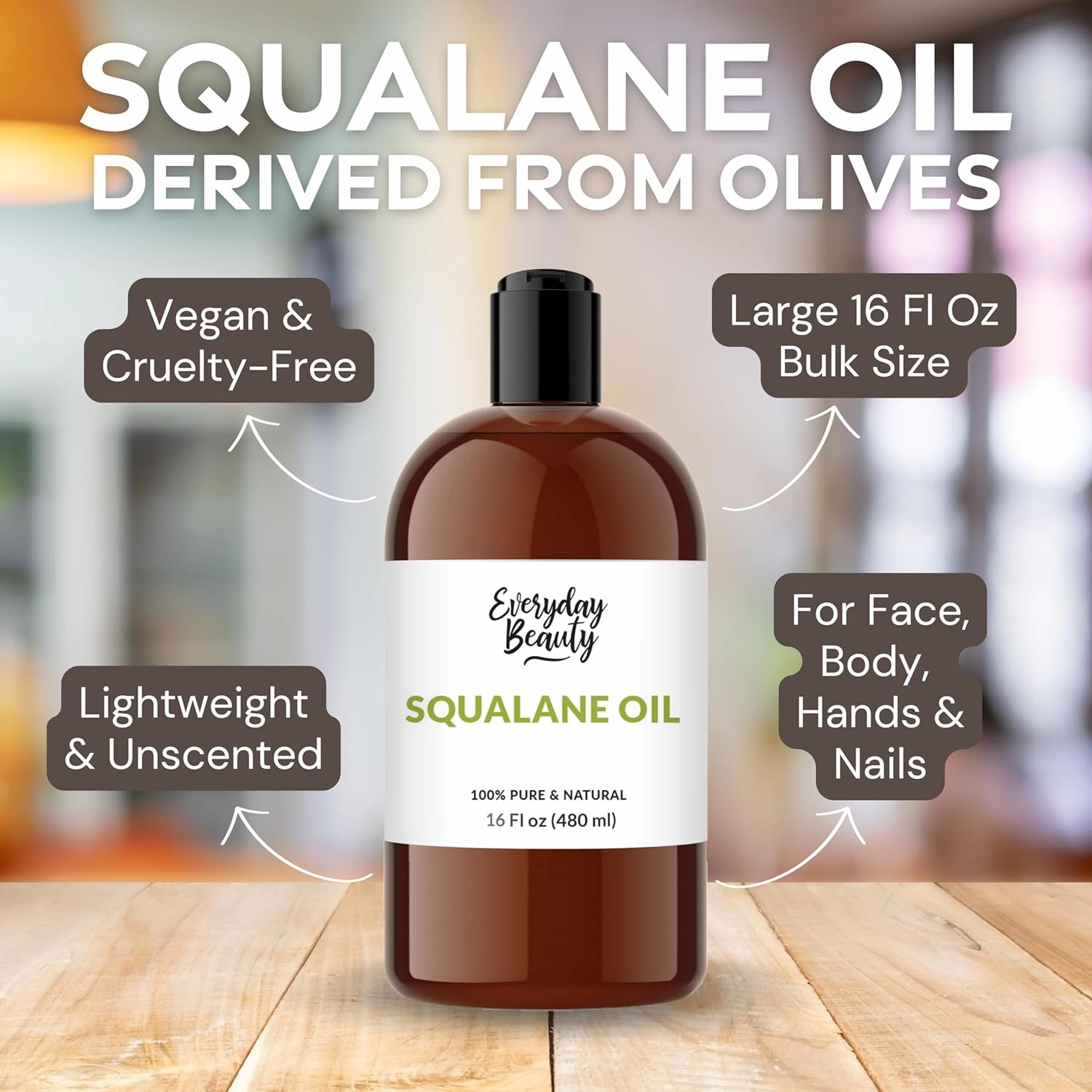 Squalane Oil - 100% Pure & Natural Plant Derived Facial Oil 16oz Bulk - Cold Pressed and Unrefined Premium Grade Multipurpose Moisturizing Oil For Skin and Hair