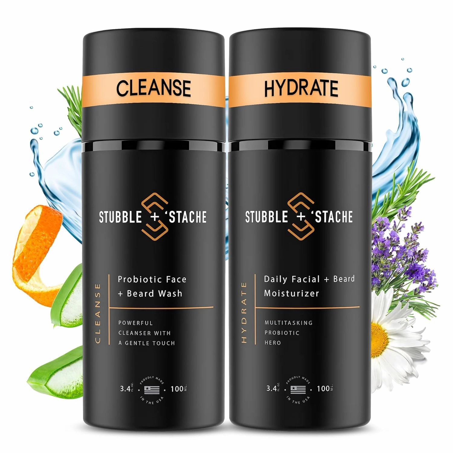 stubble & stache Mens Beard Care Starter Kit - Beard & Face Wash with Niacinamide & Moisturizer with Hyaluronic Acid - Daily Facial Cleanser for Your Beard & Skin Care Needs - 2 btl (3.4 fl oz each)