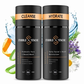 stubble & stache Mens Beard Care Starter Kit - Beard & Face Wash with Niacinamide & Moisturizer with Hyaluronic Acid - Daily Facial Cleanser for Your Beard & Skin Care Needs - 2 btl (3.4 fl oz each)