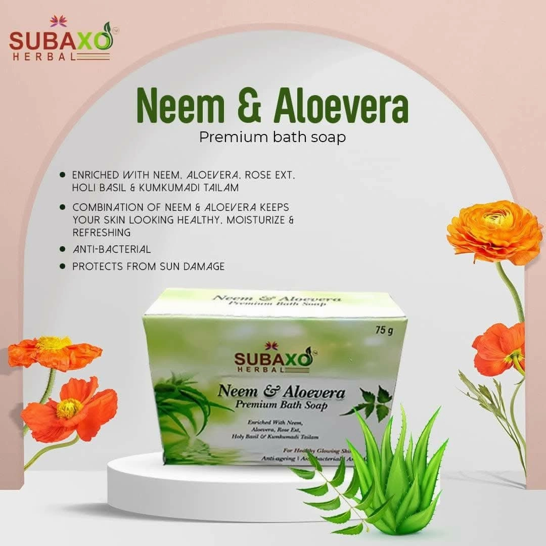 SUBAXO Neem & Aloevera Bath Soap Premium Bath Soap for Glowing Skin Anti Acne & Pimple Fighting Soap (75g Each, Pack Of 2)