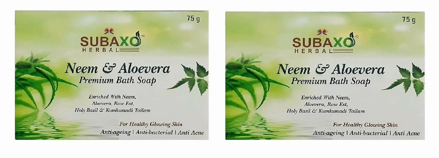 SUBAXO Neem & Aloevera Bath Soap Premium Bath Soap for Glowing Skin Anti Acne & Pimple Fighting Soap (75g Each, Pack Of 2)