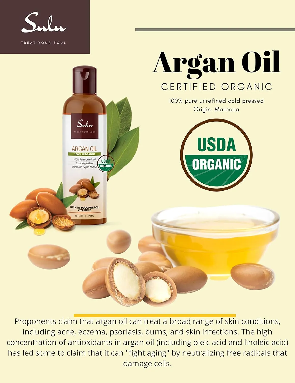 SULU ORGANICS 16 OUNCES/ 473 ML Pure Certified Organic Cold Pressed Unrefined Extra Virgin Moroccan Argan Oil