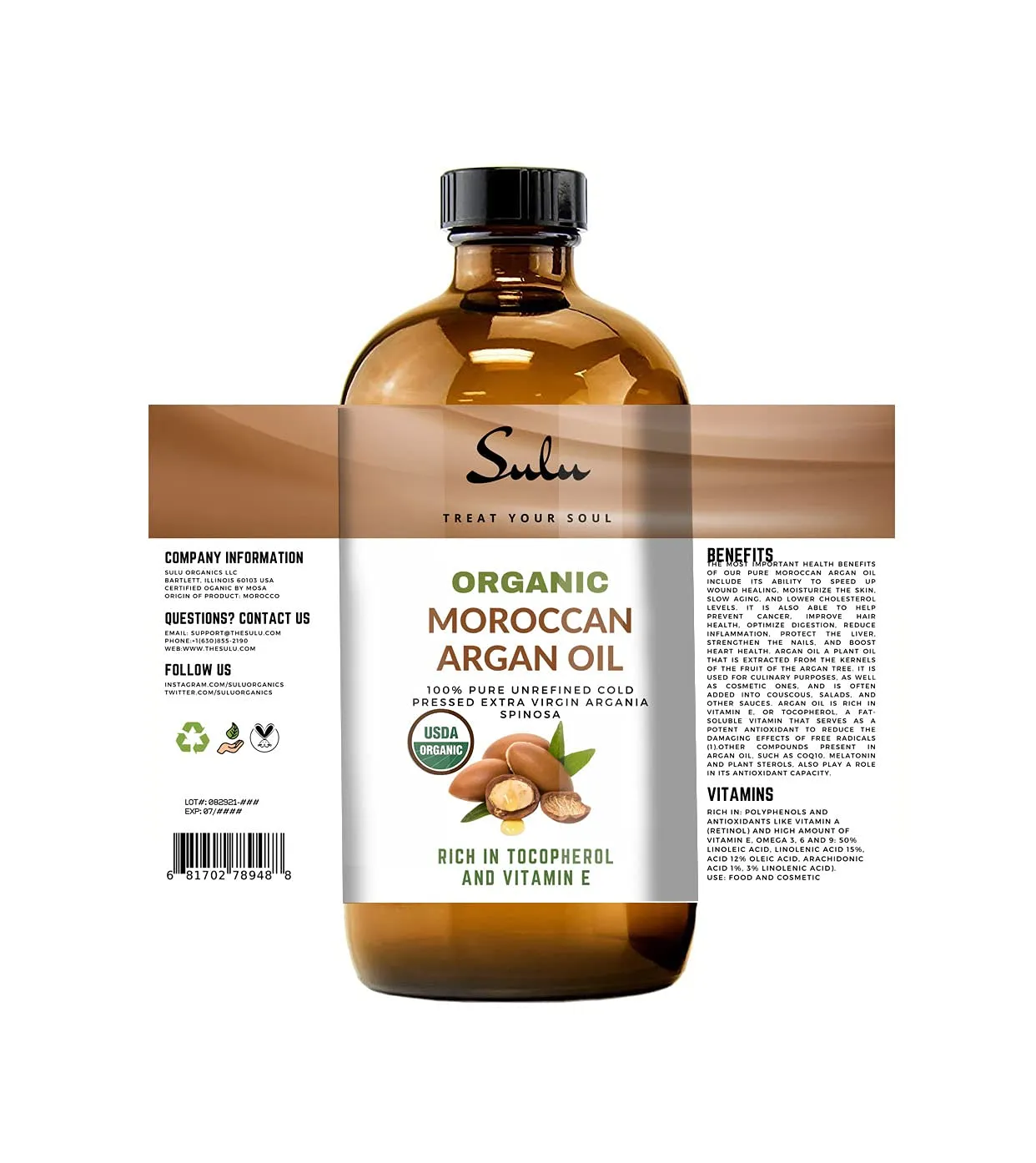 SULU ORGANICS 16 OUNCES/ 473 ML Pure Certified Organic Cold Pressed Unrefined Extra Virgin Moroccan Argan Oil