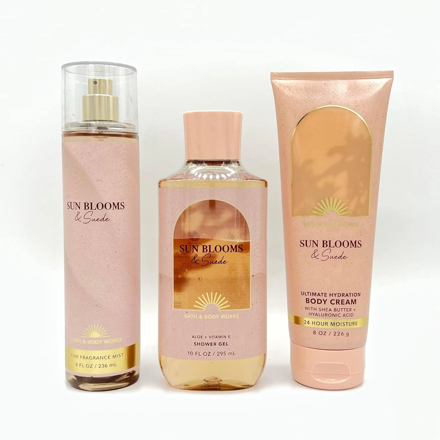 Sun Blooms & Suede Bath & Body 3-Piece Bundle | Fine Fragrance Mist, Shower Gel and Ultimate Hydration Body Cream