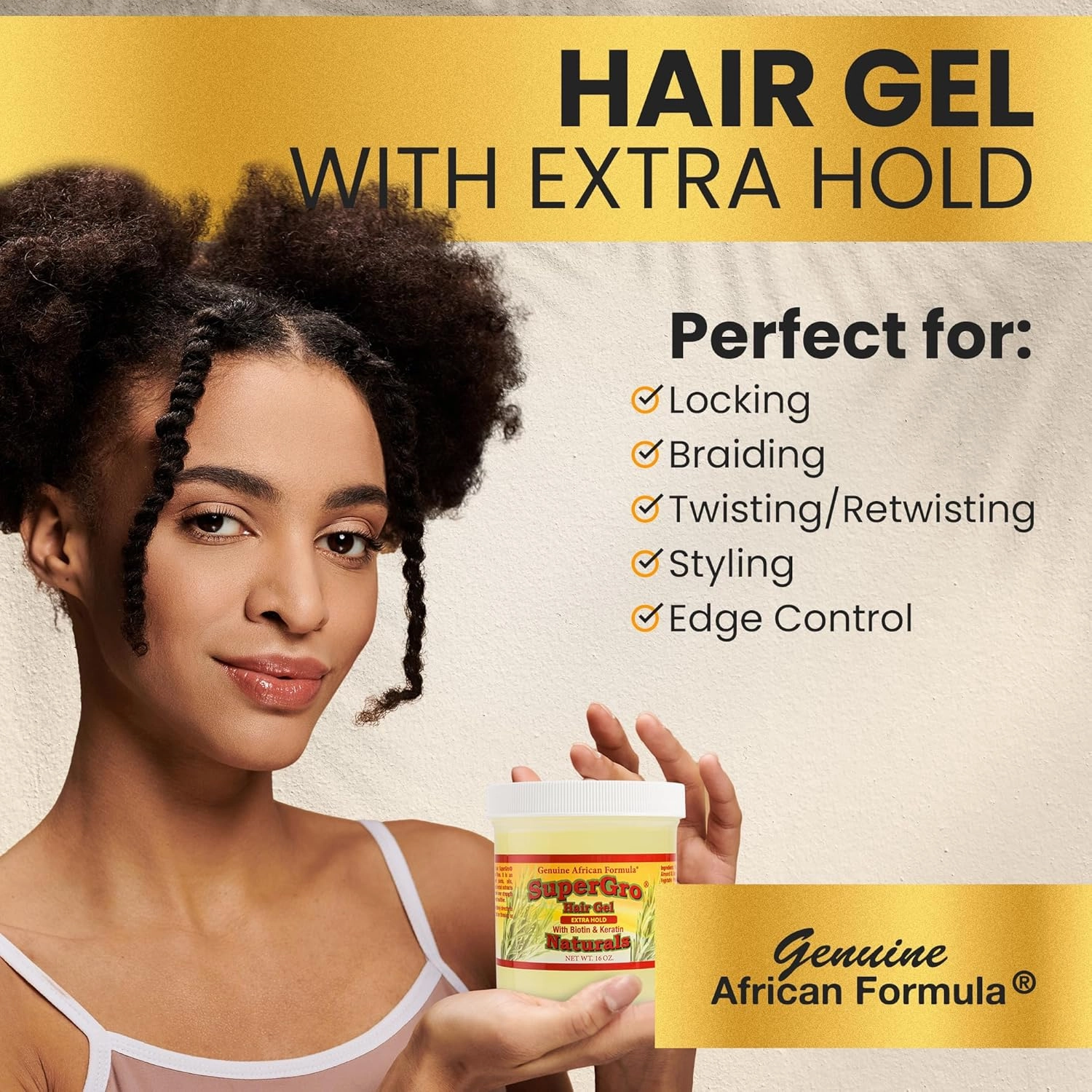 SuperGro Hair Gel with Extra Hold - For Braiding, Locking, Instant Edge Control, Twisting, Retwisting - Natural Grip Jam for Neat Shining - Braid, Loc Care Gel with Black Castor Oil - 16 oz