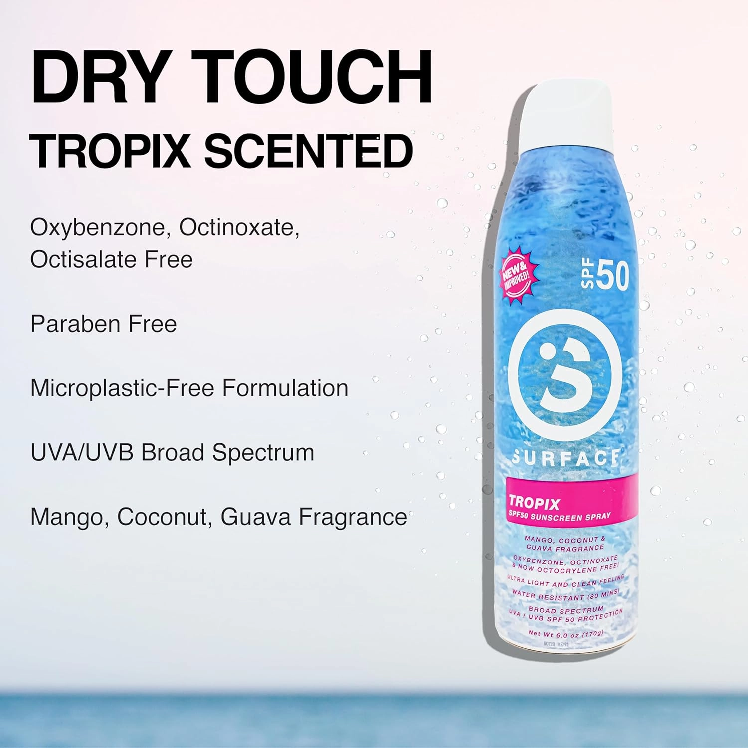 Surface TROPIX Sheer Touch Spray Sunscreen, Water Resistant, UVA/UVB Broad Spectrum, Fast Drying Protection, PABA Free - 6oz - SPF 50-1 PACK