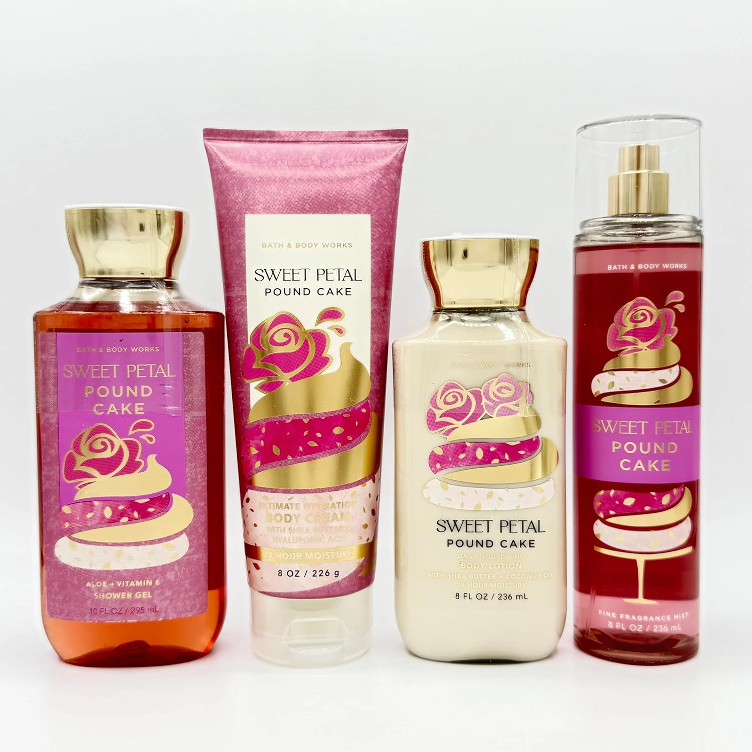 Sweet Petal Pound Cake 4-Piece Bath Bundle | Shower Gel, Ultimate Hydration Body Cream, Daily Nourishing Body Lotion and Fine Fragrance Mist