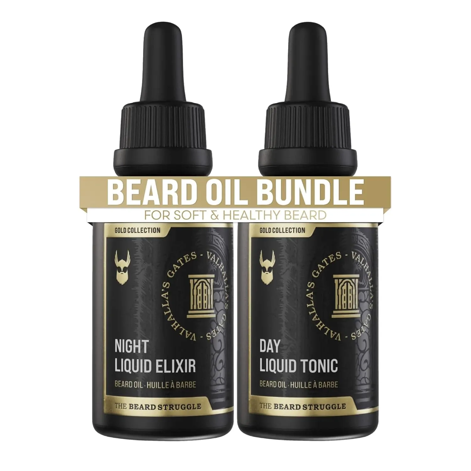 The Beard Struggle Tonic   Elixir Beard Oil Bundle - Gold Collection - Grooming Beard Oil - Softens, Moisturizers, and Strengthens Beard Growth - Pack of 2, Valhalla's Gates
