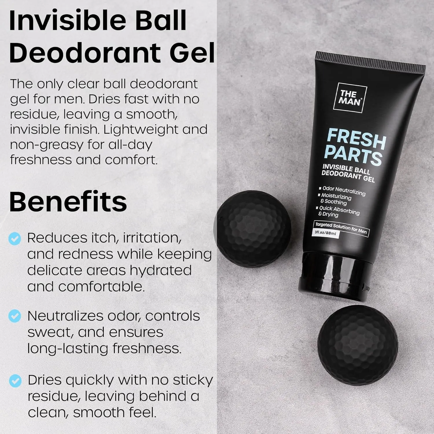 The Man Fresh Parts-Invisible Ball Deodorant Gel-Odor Control & Intimate Deodorant for Men-Quick Drying Balls, Crotch & Groin Gel-No Sticky or Powdery Residue-Sweat Defense for Happy Nuts (3 fl.oz)