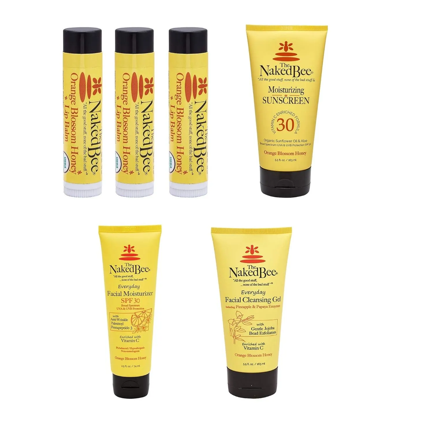 The Naked Bee 2.5oz Vitamin C Facial Moisturizer SPF 30   Face & Body Moisturizing Sunscreen SPF 30 5.5oz   Orange Blossom Honey Lip Balm   Everyday Facial Cleansing Gel 5.5oz